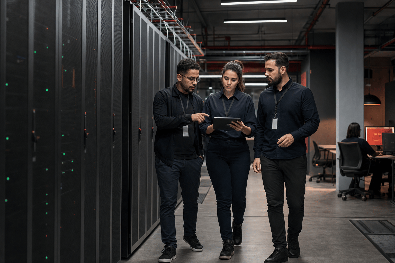 Equipe de infraestrutura GetTI trabalhando em conjunto no Data Center