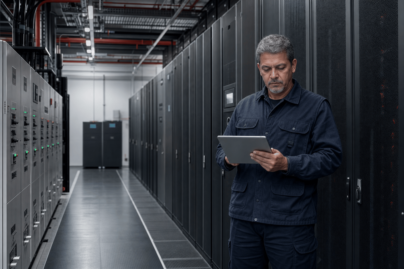Especialista monitorando os sistemas de energia e climatização do Data Center