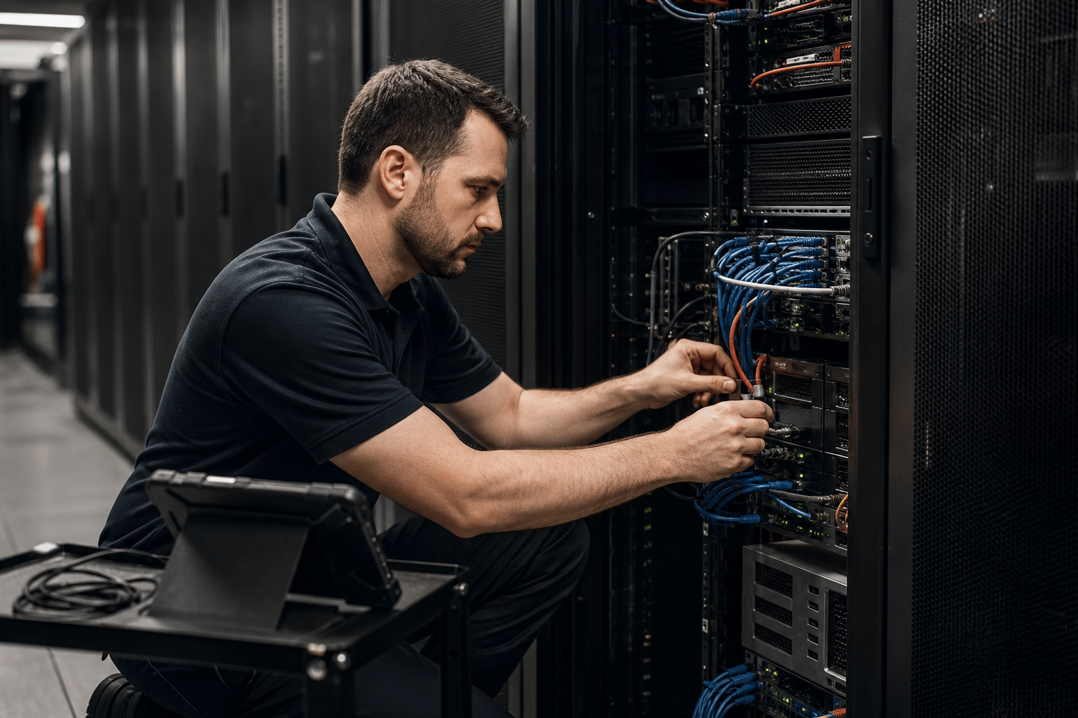 Técnico realizando uma intervenção em um rack no Data Center
